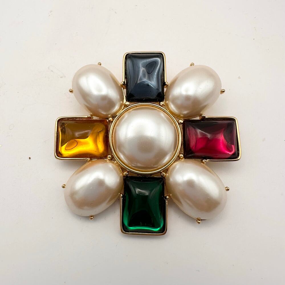 Monet Vintage Estate Statement Maltese Cross Pearls Glass Cabochons Brooch